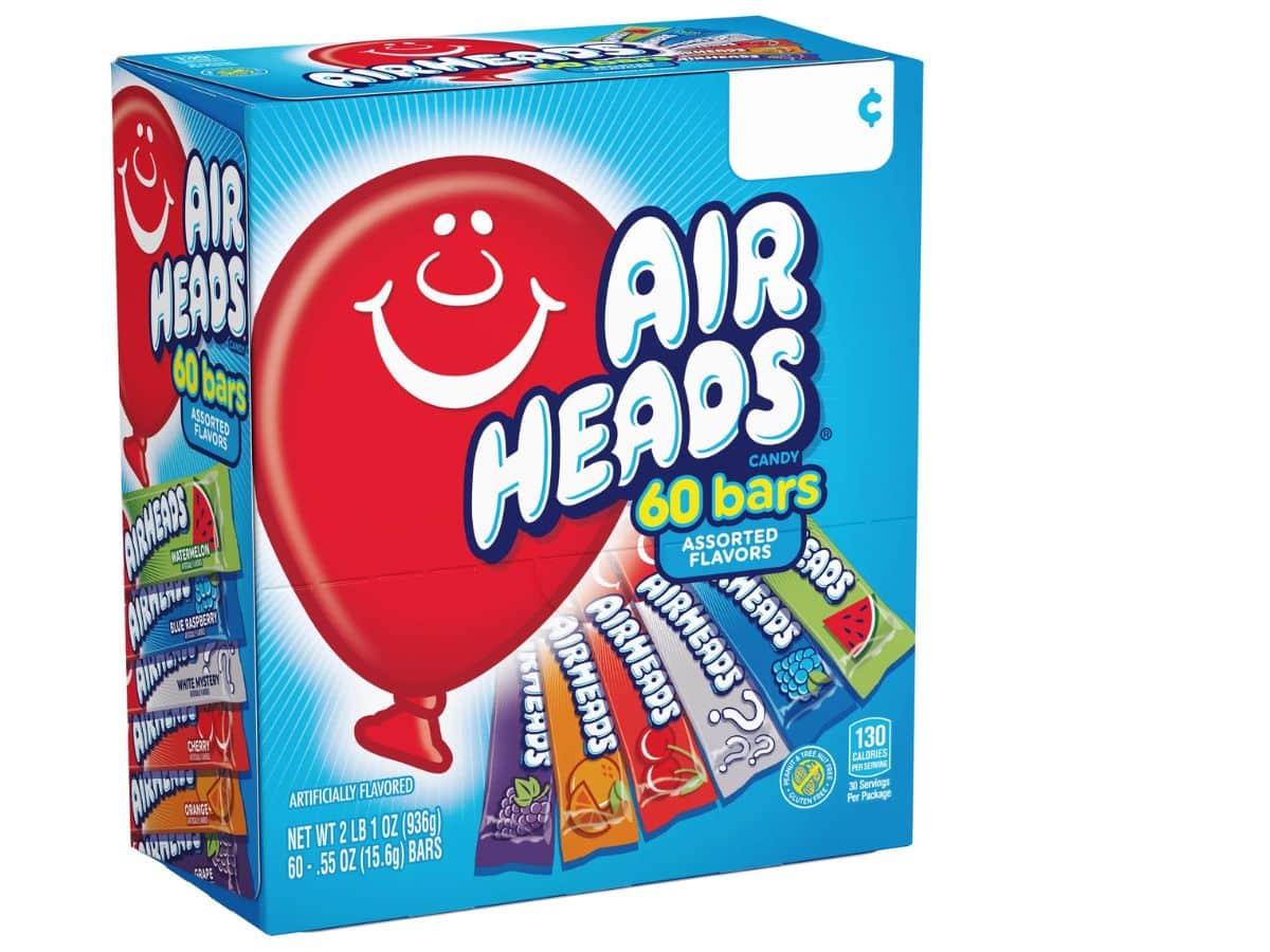 A blue box of assorted Airheads candy.