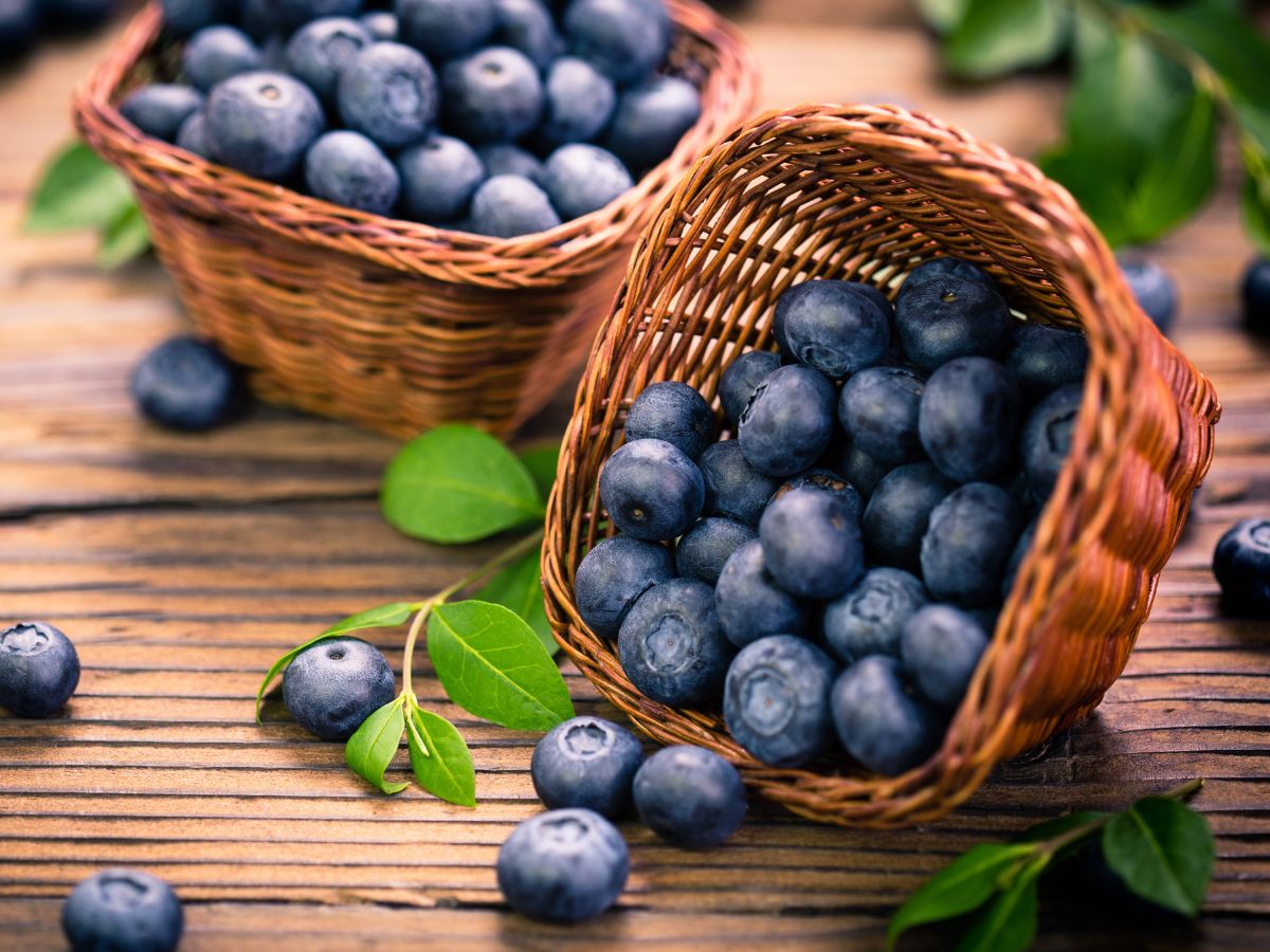 Basket of blueberries on a wooden table