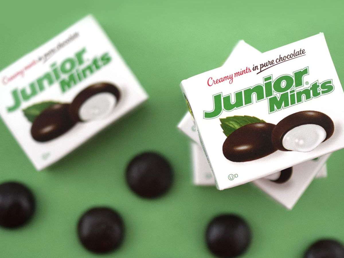 Stacked boxes of Junior Mints