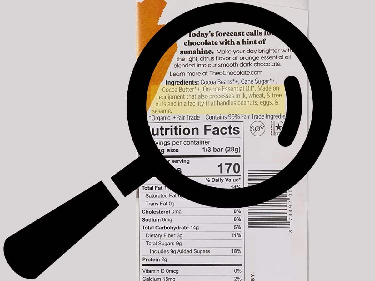 Cross-contamination warning on a chocolate bar ingredient list