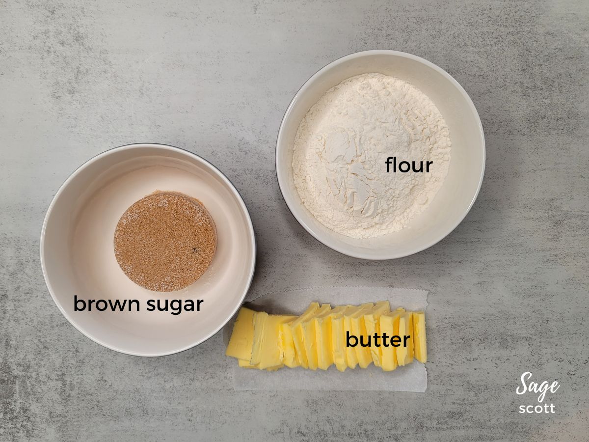 Make the crumb topping with all-purpose flour, brown sugar, and butter cut into slices