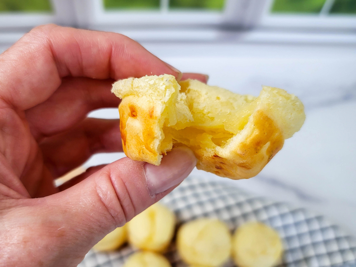 The cheesy chewy inside of Brazilian cheese bread.