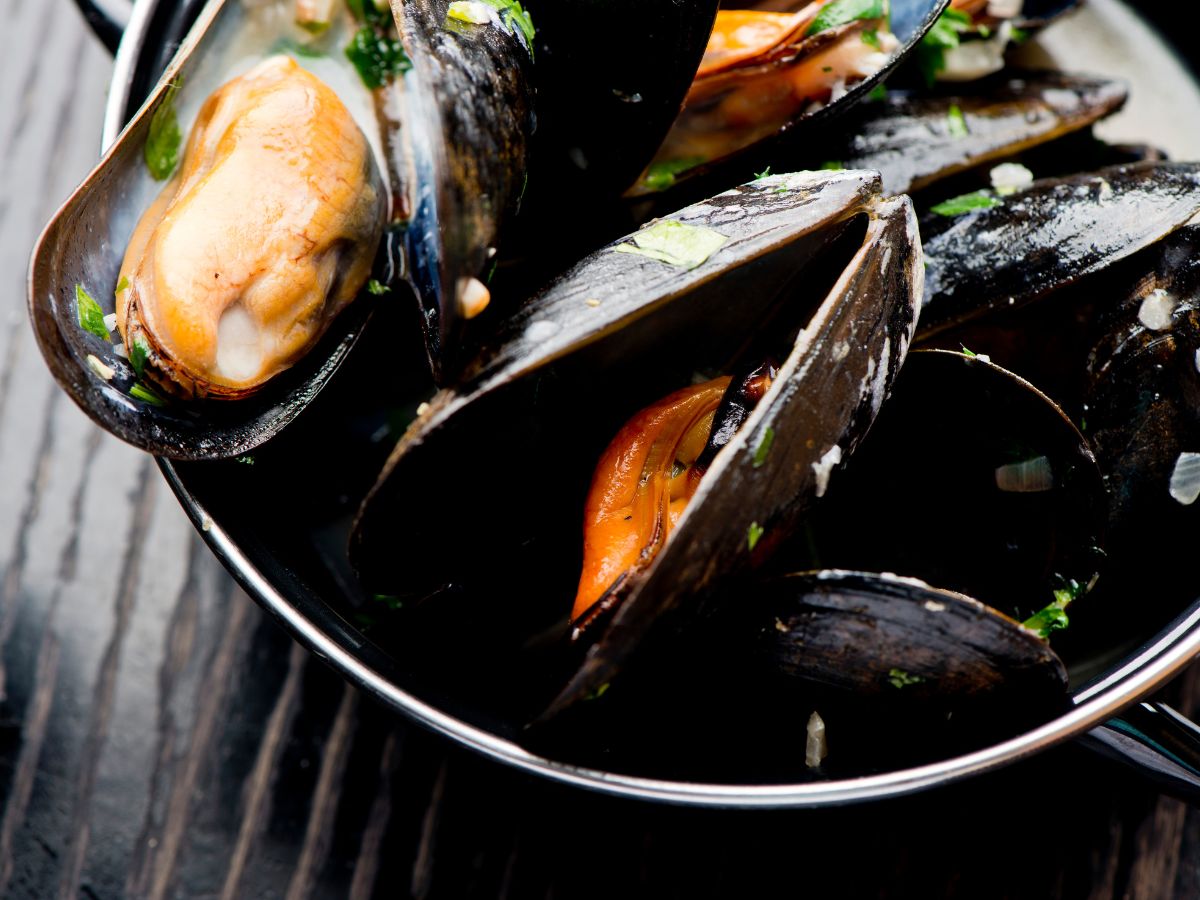 Pot of steamed mussels.