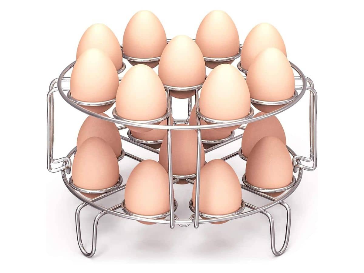 A two level stainless steel egg rack to cook eggs in the Instant Pot