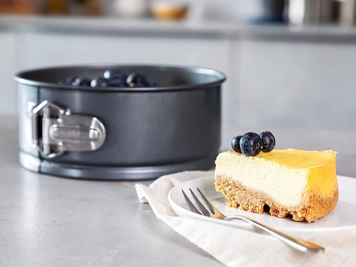 A springform pan on a counter next to a cheesecake cooked in an Instant Pot
