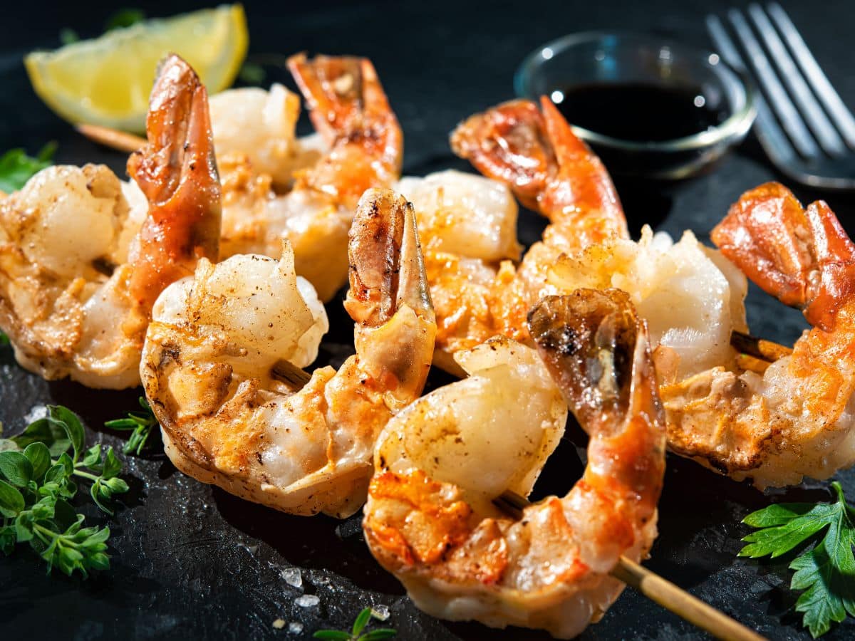 Shrimp skewers on a platter