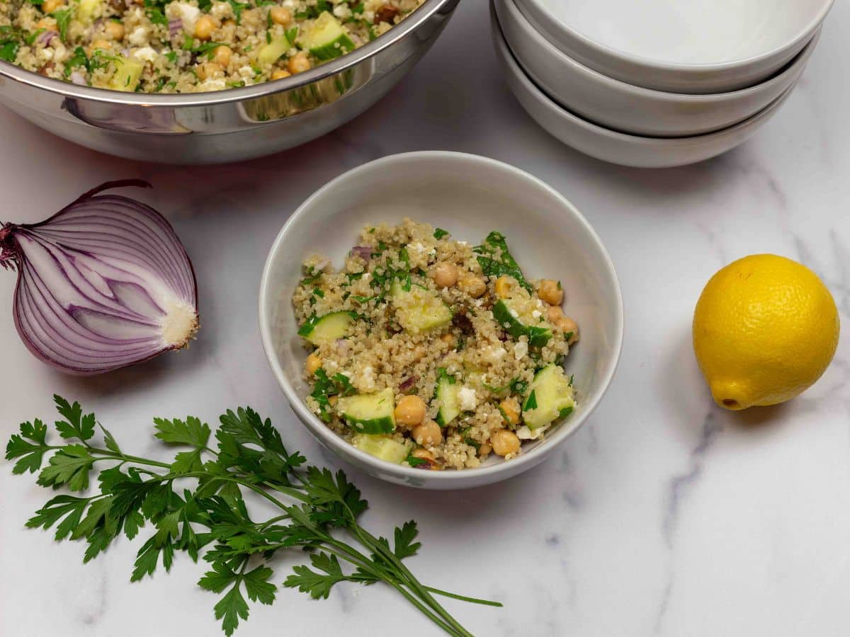 A bowl of Jennifer Aniston's famous quinoa salad with lemon and parsley.