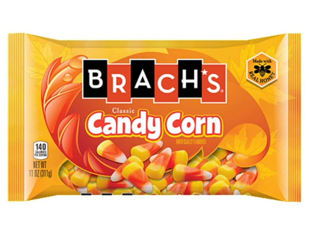 A bag of brahm's candy corn on a white background.