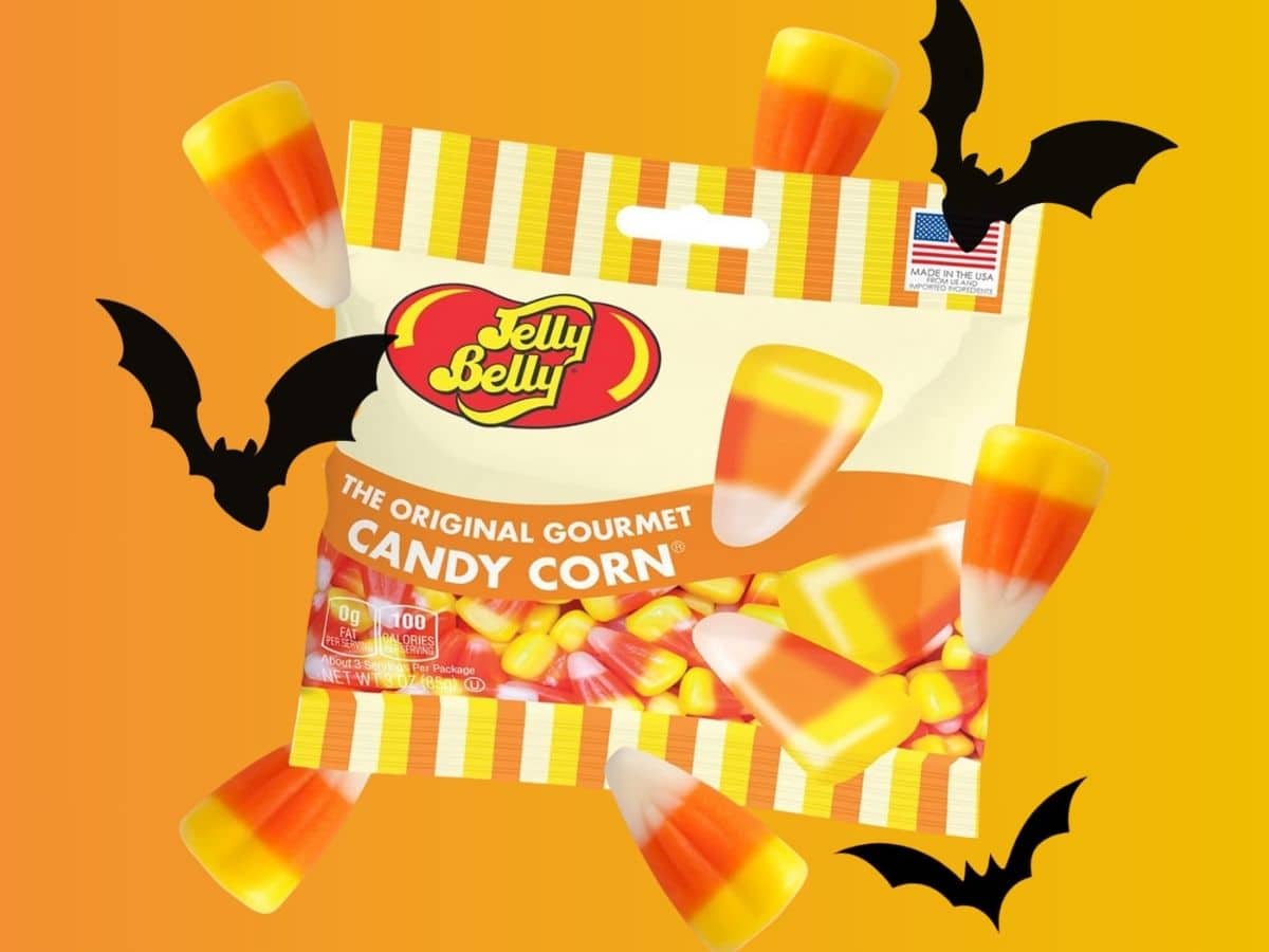A bag of jelly belly candy corn with bats on it.