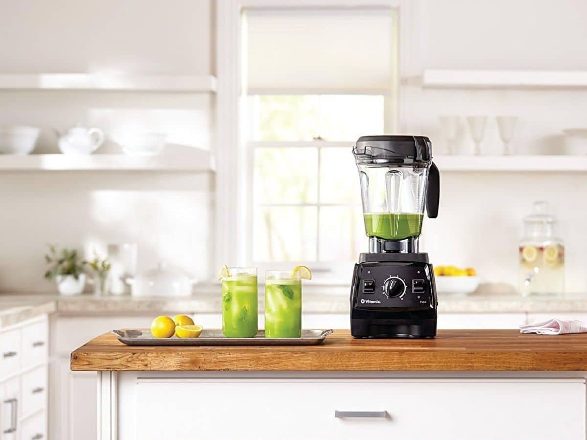 A Vitamix 7500 blender sitting on top of a kitchen counter.