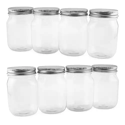 Cornucopia 16-Ounce Clear Plastic Mason Jars (8-Pack, Silver Metal Lids); PET BPA-Free Mason Jars w/One Piece Lids, 2-Cup/Pint Capacity