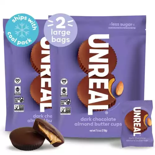 UNREAL Dark Chocolate Almond Butter Cups | 5g Sugar | Certified Vegan, Gluten Free, Fair Trade, Non-GMO | No Sugar Alcohols or Soy | Value Size, 7.4oz (Pack of 2)
