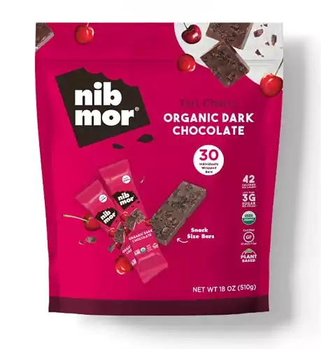 nib mor Vegan Dark Chocolate Bars - Tart Cherry - 30 Individually Wrapped Snack Bars - Gluten Free, Organic, Plant Based Chocolate - 72% Cacao