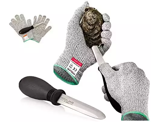 Rockland Guard Oyster Shucking Set- High Performance Level 5 Protection Food Grade Cut Resistant Gloves with 3.5’’ Stainless steel Oyster Knife