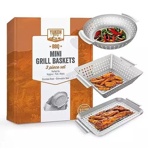Grill Basket - Yukon Glory™ 3-Piece Mini Grilling Basket Set - Stainless Steel Perforated Grill Baskets for Grilling Veggies Seafood and Meats Includes Grill Pan - Square Basket and Circular Basket