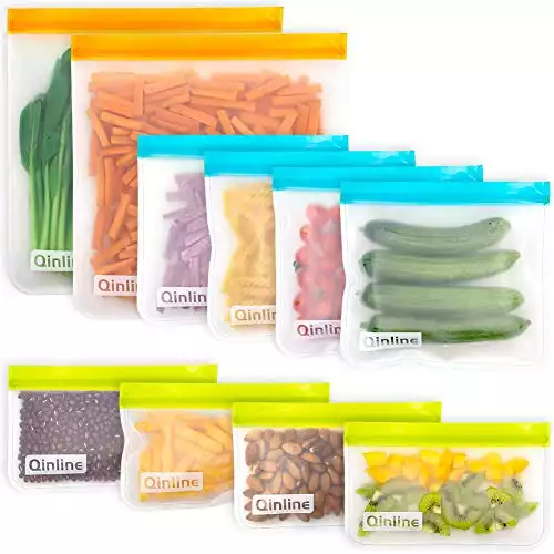 Qinline Reusable Food Storage Bags - 10 Pack BPA FREE Freezer Bags(2 Gallon Bags + 4 Sandwich Bags + 4 Food Grade Snack Bags) EXTRA THICK Leakproof Lunch Bag for Salad Fruit