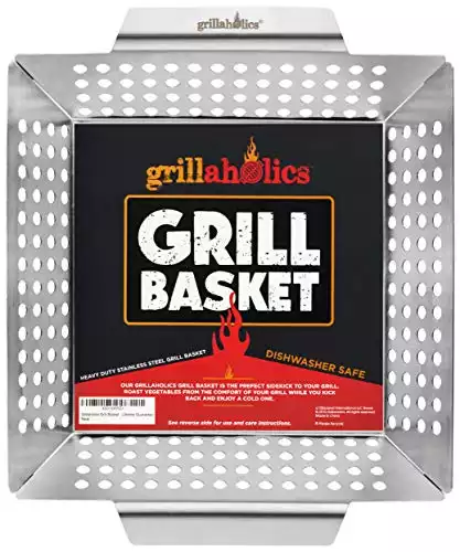 Grillaholics Grill Basket for Outdoor Grill - Durable Premium Stainless Steel Vegetable Grill Basket - XL Family Size BBQ Grill Basket - Perfect Grilling Accessories for Veggies, Fish, Shrimp & Ke...