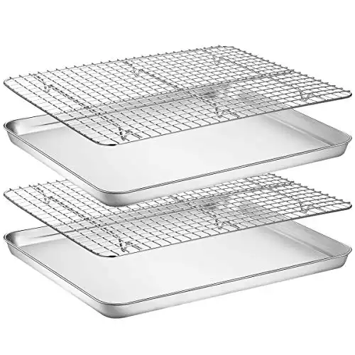 Baking Sheet with Rack Set [2 Pans + 2 Racks], Wildone Stainless Steel Cookie Sheet Baking Pan Tray with Cooling Rack, Size 18 x 13 x 1 Inch, Non Toxic & Heavy Duty & Easy Clean