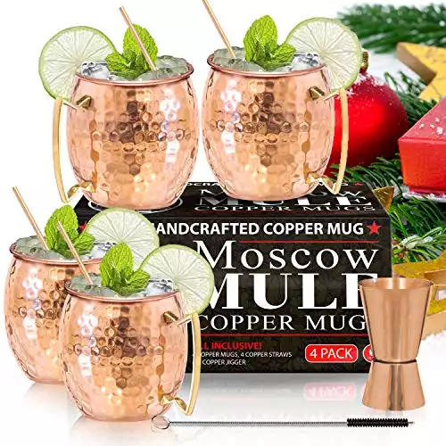 Benicci Moscow Mule Copper Mugs - Set of 4-100% HANDCRAFTED - Food Safe Pure Solid Copper Mugs - 16 oz Christmas Gift Set with Premium Quality Cocktail Copper Straws and Jigger!