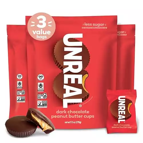 UNREAL Dark Chocolate Peanut Butter Cups (3 Value Size Bags) | Vegan, 5g Sugar | Gluten Free, Fair Trade, Non-GMO | 9.5oz each