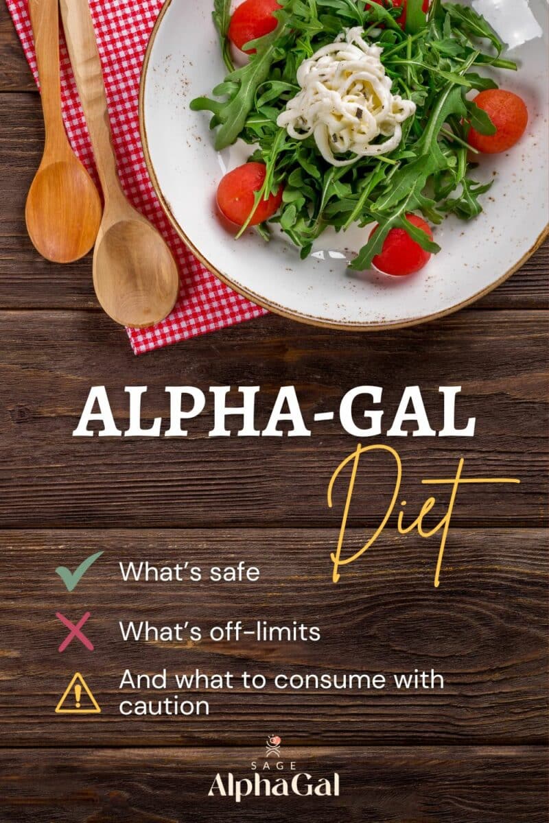 The alpha-gal diet is shown on a wooden table.
