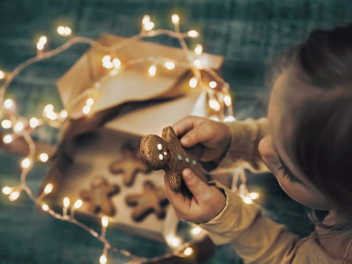 A little girl is holding a gingerbread cookie in front of Christmas lights.