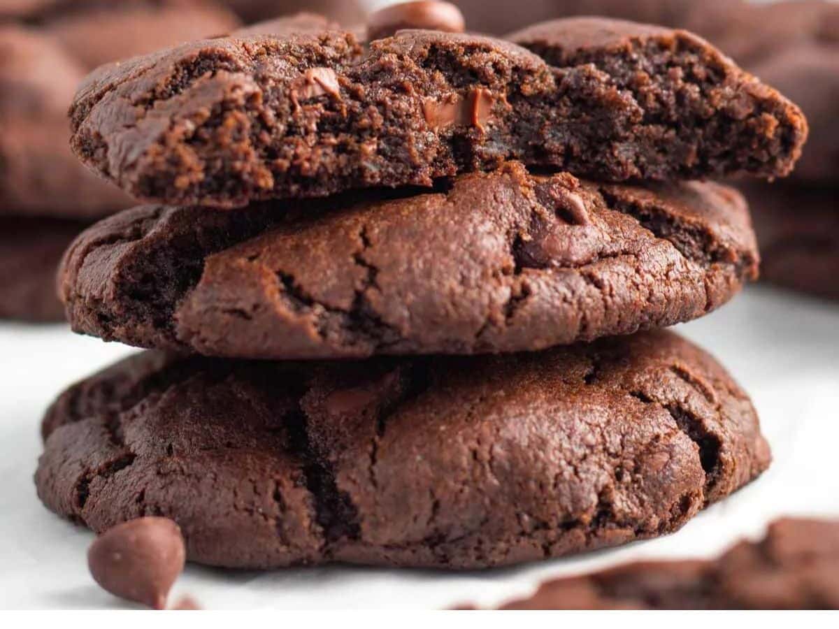 A stack of chocolate cookies with a bite taken out.
