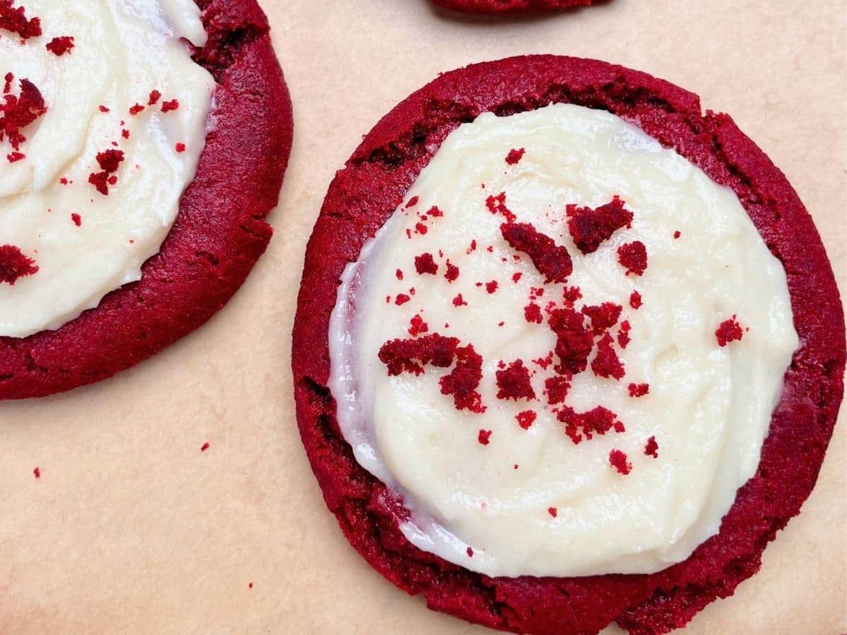 Red velvet cookies with cream cheese frosting.