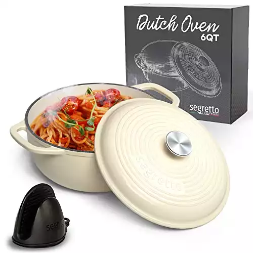 Segretto Cookware Enameled Cast Iron Dutch Oven, 6 Quarts, White