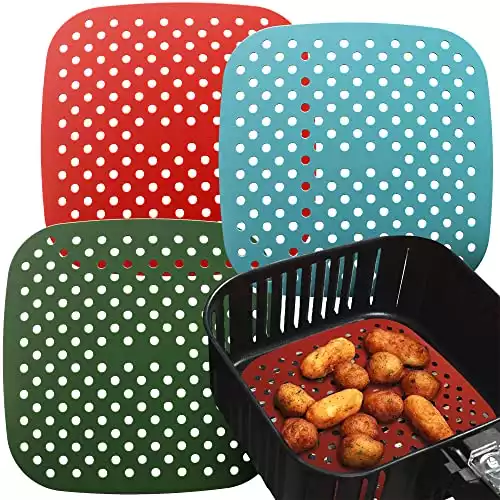 Reusable Silicone Air Fryer Liners 8.5 Inch by Linda’s Essentials (3 Pack, Square) - Non Stick Easy Clean Air Fryer Liners Reusable Mats Air Fryer Accessories Includes Cheat Sheet And Recipe Book