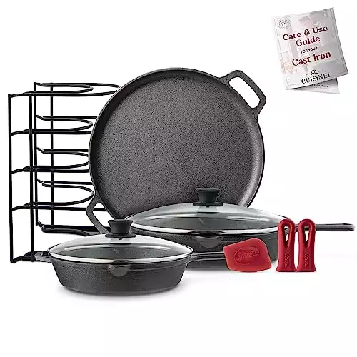 Cuisinel Cast Iron Cookware Set - 6-Pieces Pre-Seasoned Kit: 10"+12" Skillet + Glass Lids + Pizza Pan + Pan Rack Organizer + Silicone Handle Covers + Scraper/Cleaner - Grill, Camping, Indoor...