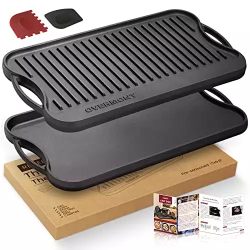 Overmont Pre-seasoned 17x9.8" Cast Iron Reversible Griddle Grill Pan with handles for Gas Stovetop Open Fire Oven, One tray, Scrapers Included