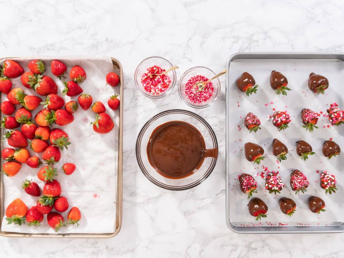 A tray of fresh strawberries next to a tray of chocolate covered strawberries.
