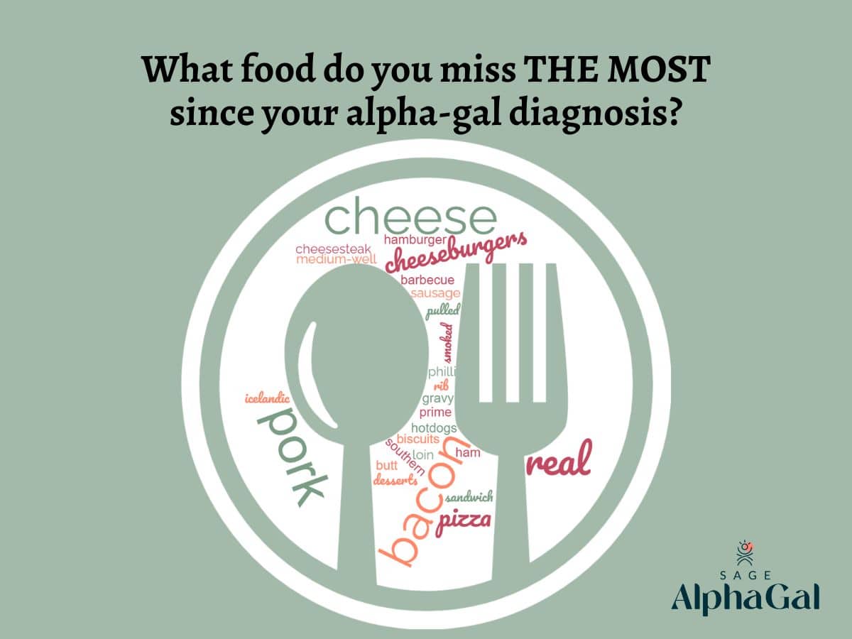 A graphic showing that people diagnosed with alpha-gal miss real cheese, bacon, and pork products the most.