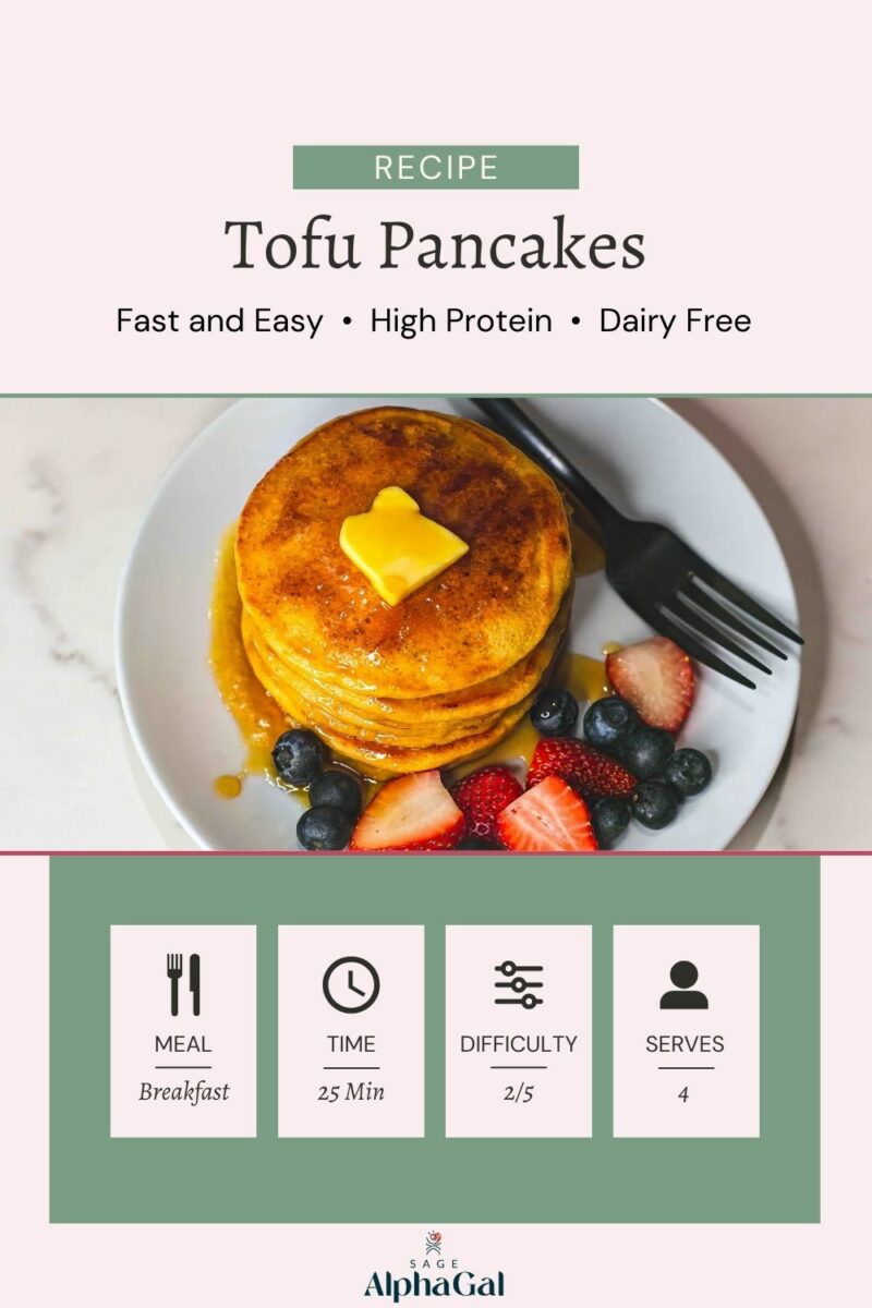 A plate of tofu protein pancakes topped with a pat of butter and a side of berries, labeled as a fast and easy, high-protein, dairy-free recipe from alphagal.