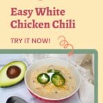 Bowl of white chicken chili with jalapeño slices, accompanied by an avocado and a ladle, on a white chicken chili recipe advertisement.