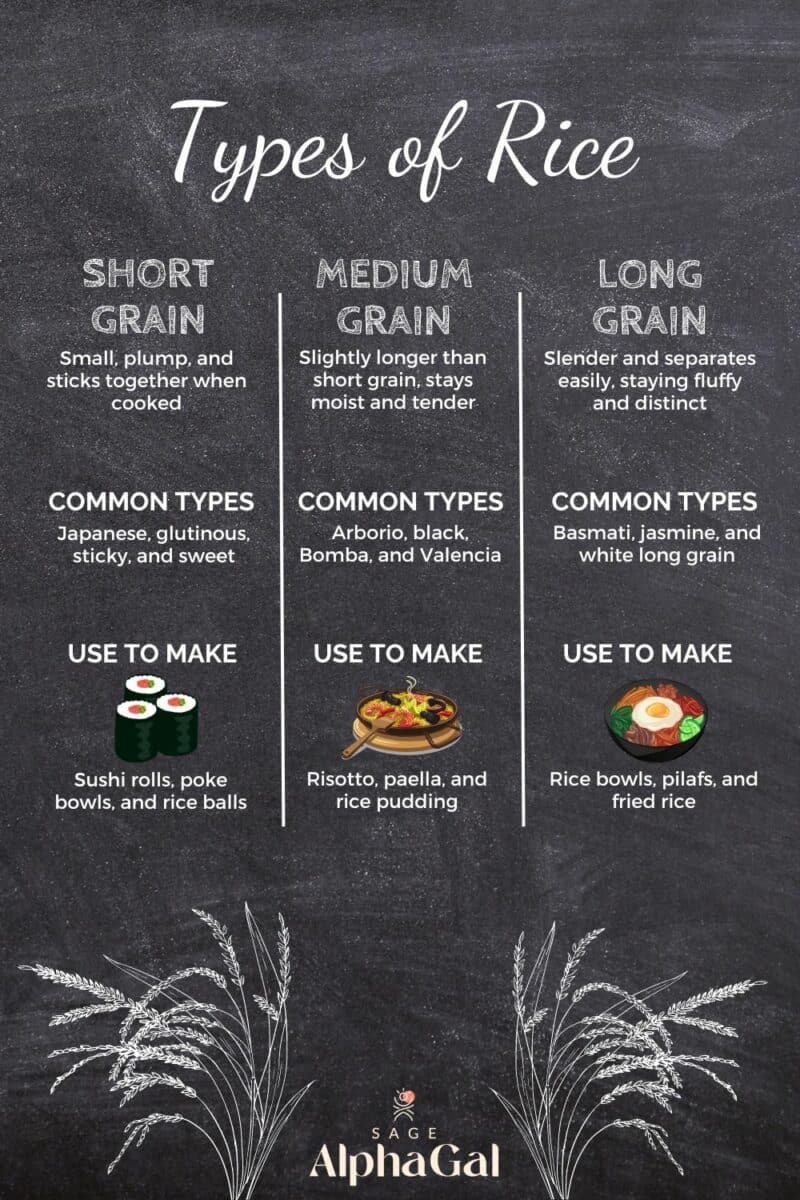 Illustrative chart detailing types of rice: short, medium, and long grain, with descriptions, common uses, and paired with stylized rice plant graphics on a chalkboard background.
