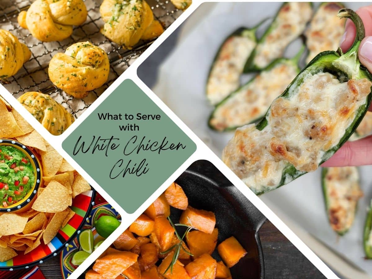 A collage showing suggested side dishes to serve with white chicken chili, including garlic knots, stuffed jalapeños, sweet potatoes, and tortilla chips with salsa.