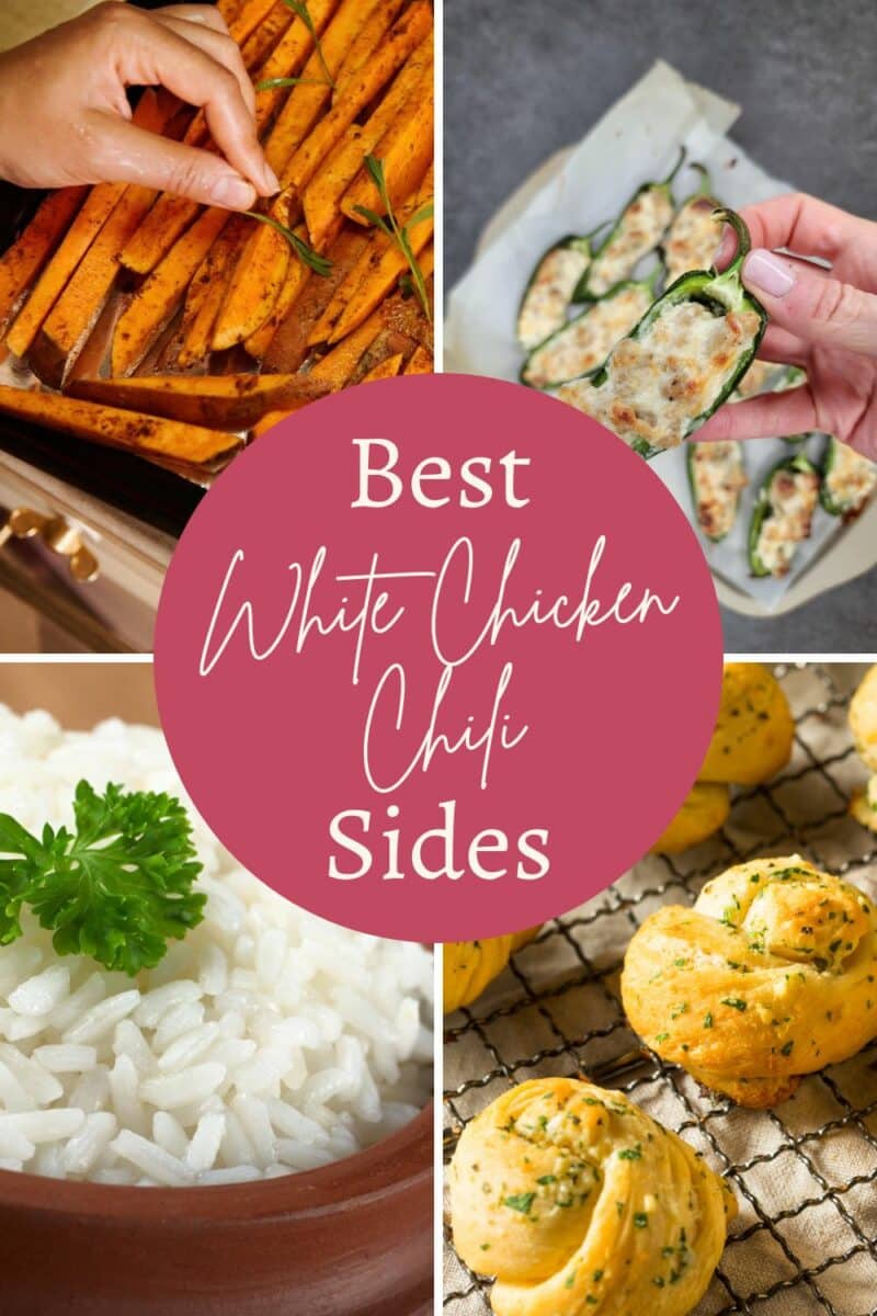 A collage showcasing a variety of side dishes, including seasoned sweet potatoes, zucchini boats, white rice, and garlic bread, with a title "best white chicken chili sides.
